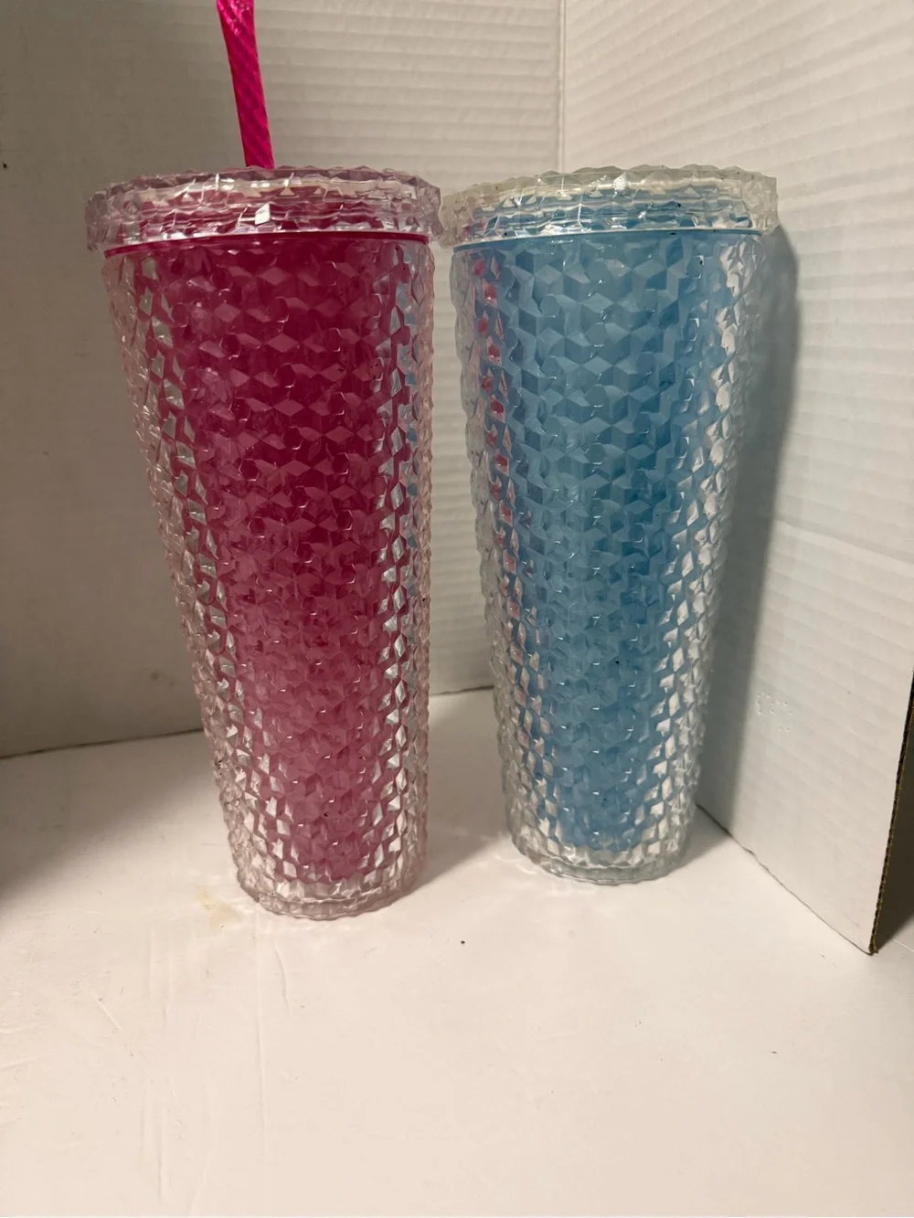 Pink and Blue Textured Double-Wall Tumbler with Lid and Straw
